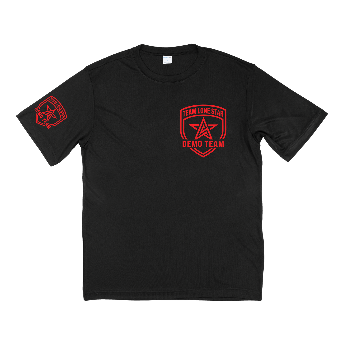 A black short-sleeve crewneck t-shirt with red printed graphics. The left chest features a red shield logo with a star and the text 'TEAM LONE STAR DEMO TEAM', and the right sleeve features a smaller matching red shield graphic.