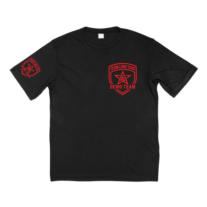 A black short-sleeve crewneck t-shirt with red printed graphics. The left chest features a red shield logo with a star and the text 'TEAM LONE STAR DEMO TEAM', and the right sleeve features a smaller matching red shield graphic.