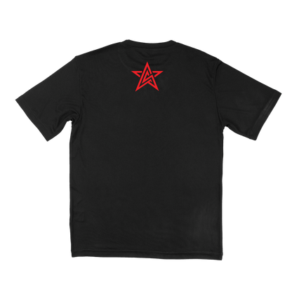 A black short-sleeve t-shirt shown from the back, featuring a red star logo on the top the center.