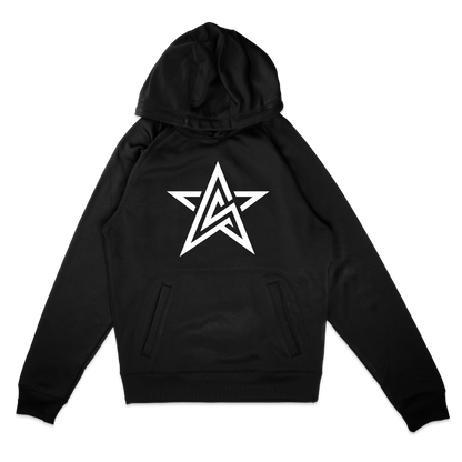 A black pullover hoodie with a white star logo printed on the chest.